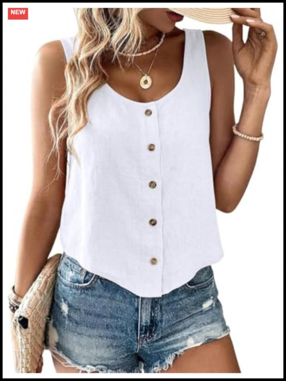 Viscose Linen Tank Top Sleeveless Button Down Scoop Neck Women's